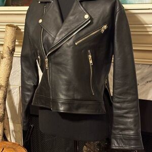 Women's Black Leather Biker Jacket   Zips down sides